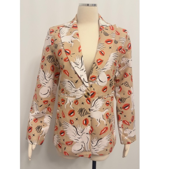 LAS SURENAS Wolf Kisses Lip Amore Print Single Button Linen Loose Fit Blazer - Picture 13 of 16
